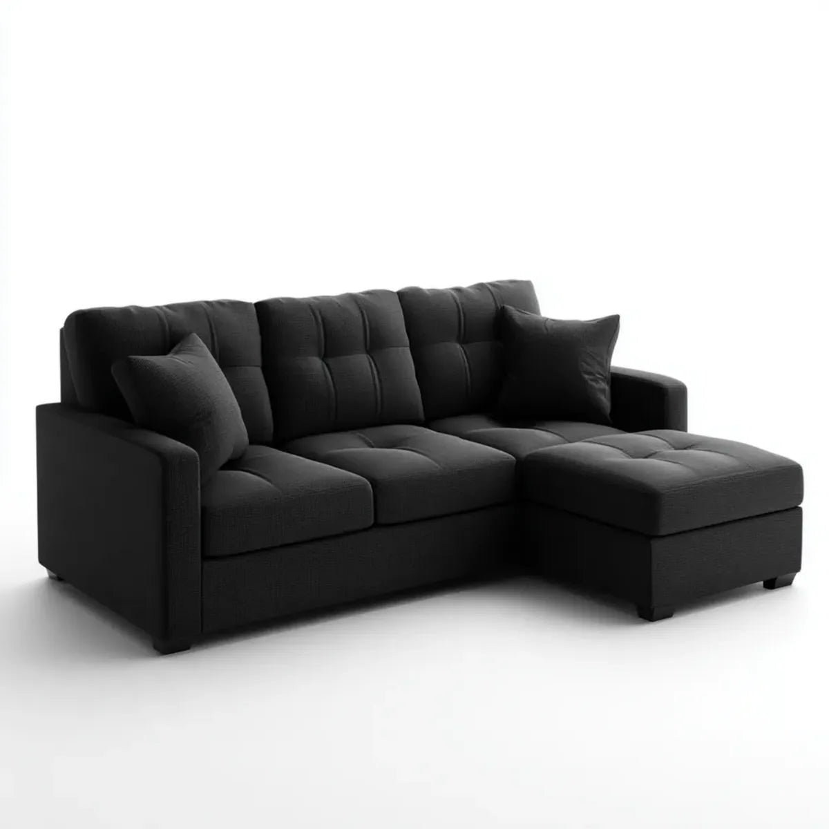 Sofa, Kanapa narożna 3 czarne siedzenia z prawym szewcem hamulec poliester 220 x 150 x 85 cm prostokątna