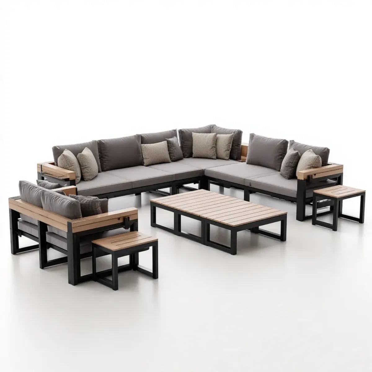 Sofa ogrodowa, Modułowy zestaw do siedzenia ogrodowego 7 foteli szarych ze stalową i akacjową konstrukcją 300 x 220 cm