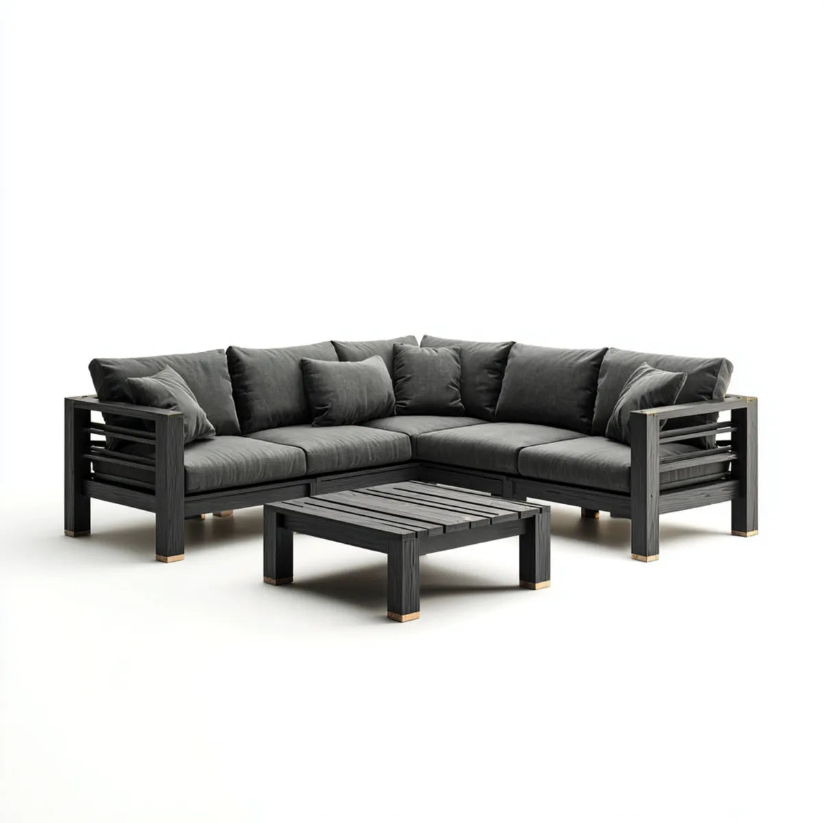 Sofa ogrodowa, Kącik ogrodowy 5 czarno-szarych foteli z litym drewnianym stołem 220 x 220 cm