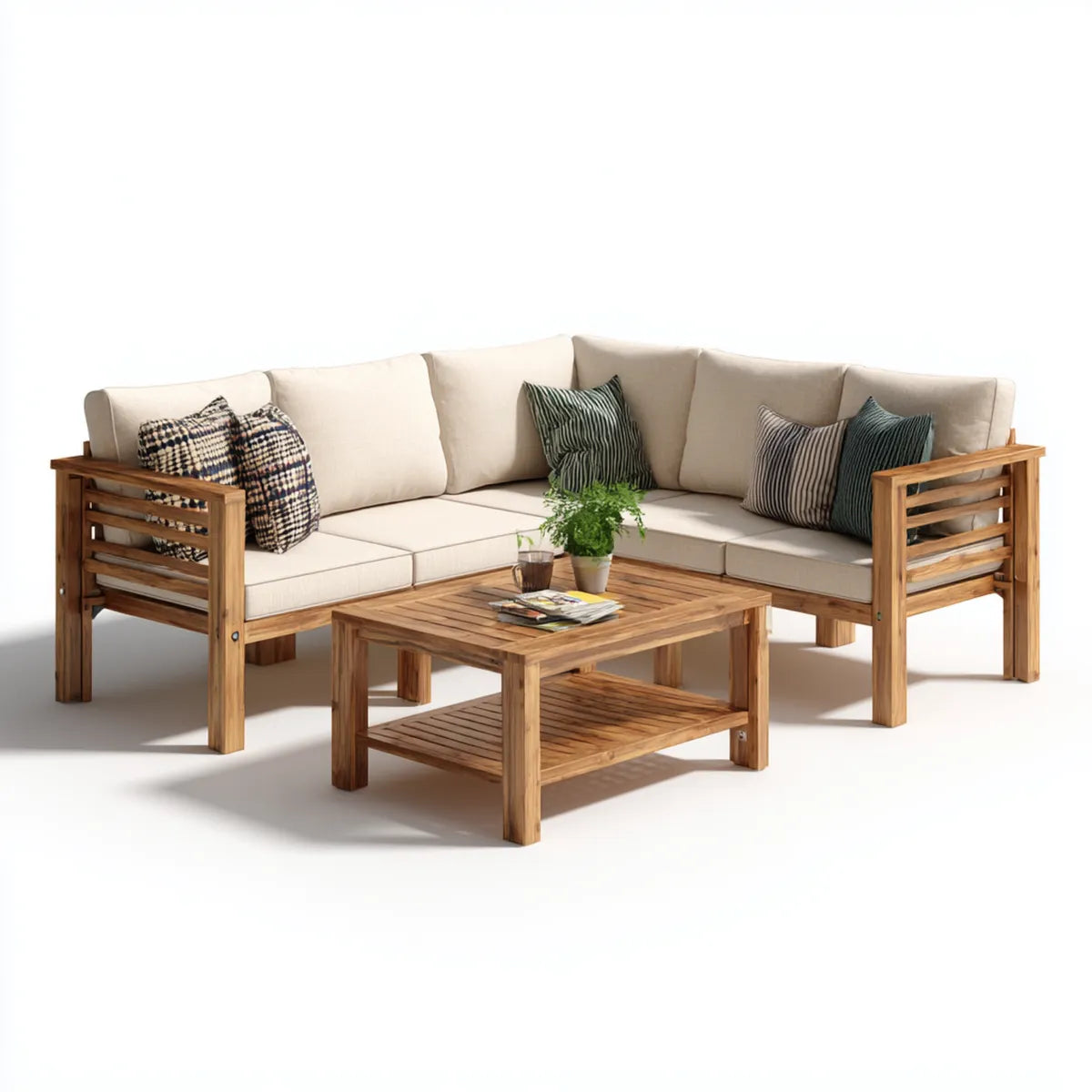 Sofa ogrodowa, Zestaw beżowy kątowy ogród siedzenia w litym acacia drewna z tabeli 220 x 220 cm