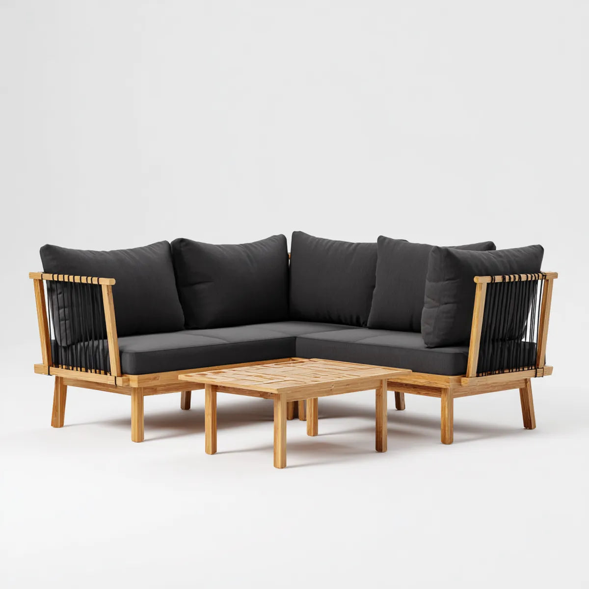 Sofa ogrodowa, 3- część taras salon zestaw narożna kanapa z stolik kawa czarny naturalna 220 x 220 cm bambusowy kształt litery L