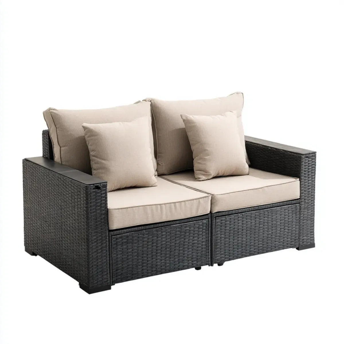 Sofa ogrodowa, Tapczan ogrodowy 2 ratan czarny i beżowy PE z poduszkami 140 x 70 cm prostokątna, 140 x 70 x 70 cm