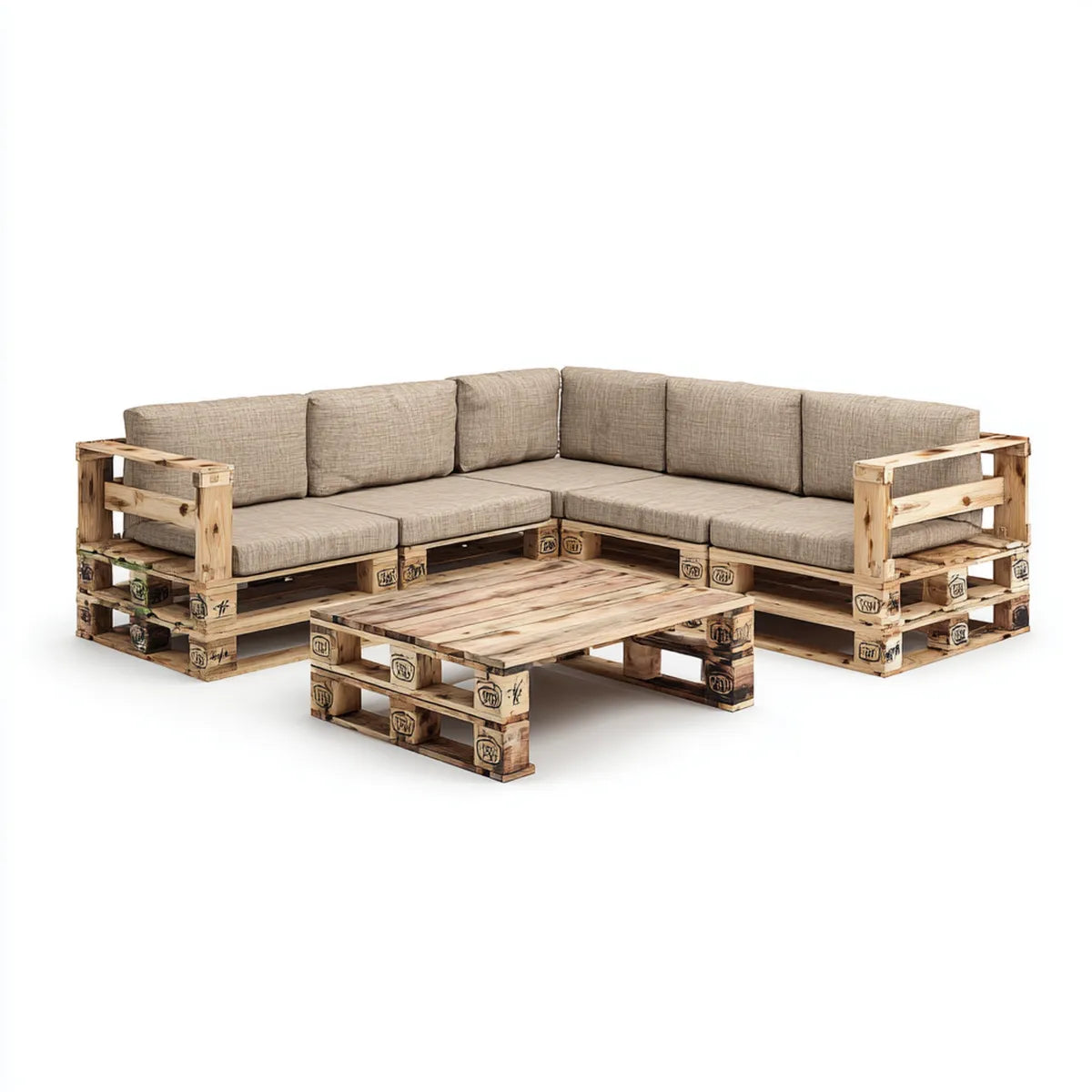 Sofa ogrodowa, Zestaw narożnej sofy ogrodowej z beżowym stołem z litego drewna sosnowego 280 x 200 cm