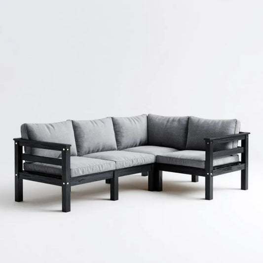 Sofa Ogród Ogrodowy Zakątek Modułowy 4 Zasięgi siedzenia w czarnym Drewno z Szaroszowymi Poduszkami, 220 x 220 x 68 cm
