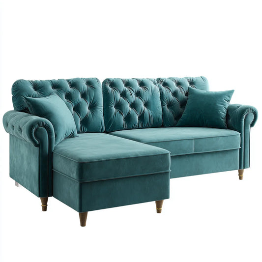 Sofa, Kanapa narożna z rekamierem naftowym 220 x 150 x 85 cm aksamitu z poliestrowego kształtu L