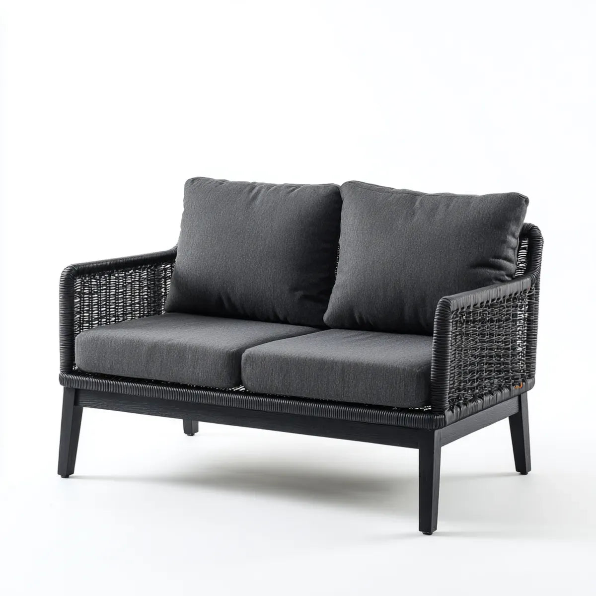 Sofa 2 fotele czarne 130 x 75 x 78 cm w rattanie PE z prostokątnymi poduszkami poliestrowymi