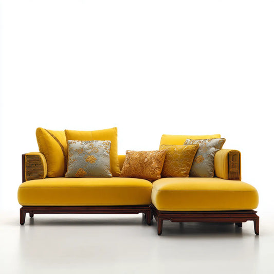 Sofa, Kanapa narożna 3 siedzenia żółty poliester aksamit z konstrukcją w wielowarstwowej 280 x 170 x 88 cm