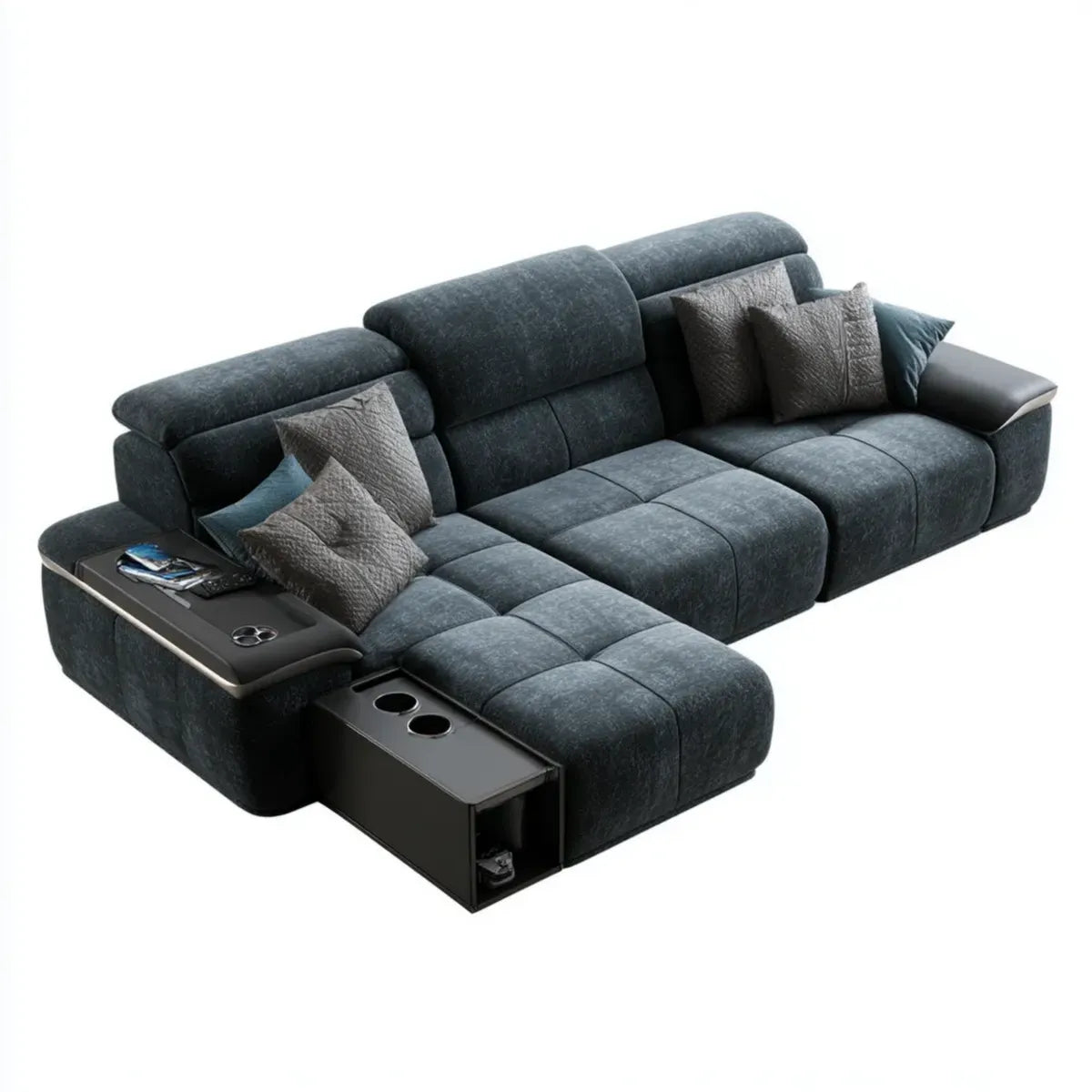 Sofa, Ciemnoniebieski kąt nachylenia sofa w poliestrze i PU 300 x 170 x 95 cm z uchwytem z krzesełkami i bicylinder
