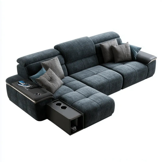 Sofa, Ciemnoniebieski kąt nachylenia sofa w poliestrze i PU 300 x 170 x 95 cm z uchwytem z krzesełkami i bicylinder