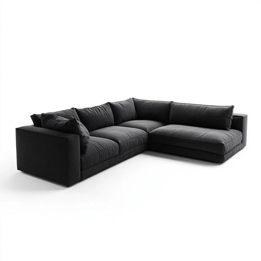 Sofa, Fotel narożny 4 czarne poliestrowe siedzenia z krzesełkiem z prawej strony 280 x 170 x 85 cm