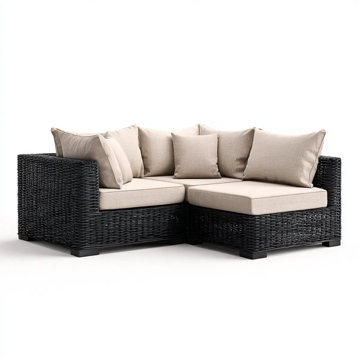 Sofa ogrodowa, Rożna sofa ogrodowa 2 kawałki czarny i beżowy w rattan PE 200 x 140 x 70 cm