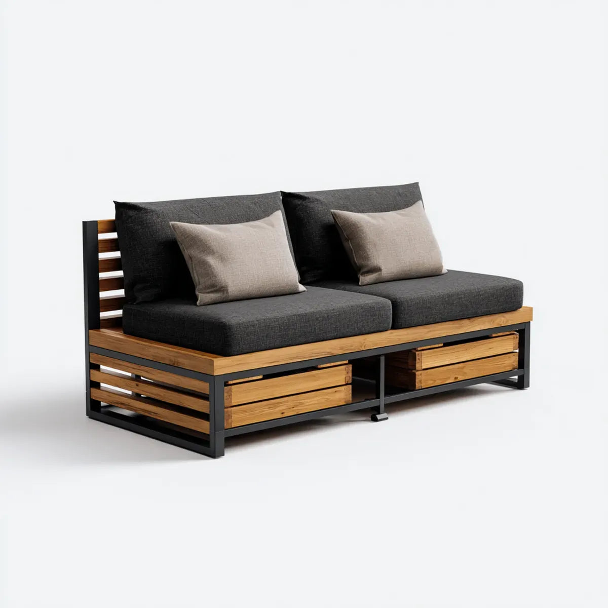 Sofa ogrodowa, Tapczan ogrodowy 2 miejsca szary antracyt i naturalny 160 x 80 x 78 cm w malowanej stali i litego drewna tekowego