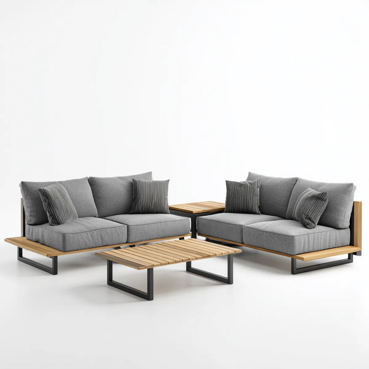 Sofa ogrodowa, Zestaw sofy ogrodowe 4 kawałki szary prostokątna w akacji stali stałej i poliester 150 x 75 x 70 cm