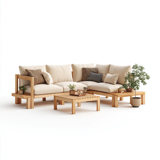 Sofa ogrodowa, Zestaw kanapy ogrodowej z naturalnym beżowym stołem z litego drewna akacjowego 260 x 180 x 75 cm
