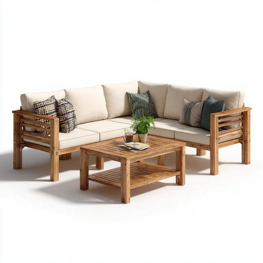 Sofa ogrodowa, Zestaw beżowy kątowy ogród siedzenia w litym acacia drewna z tabeli 220 x 220 cm