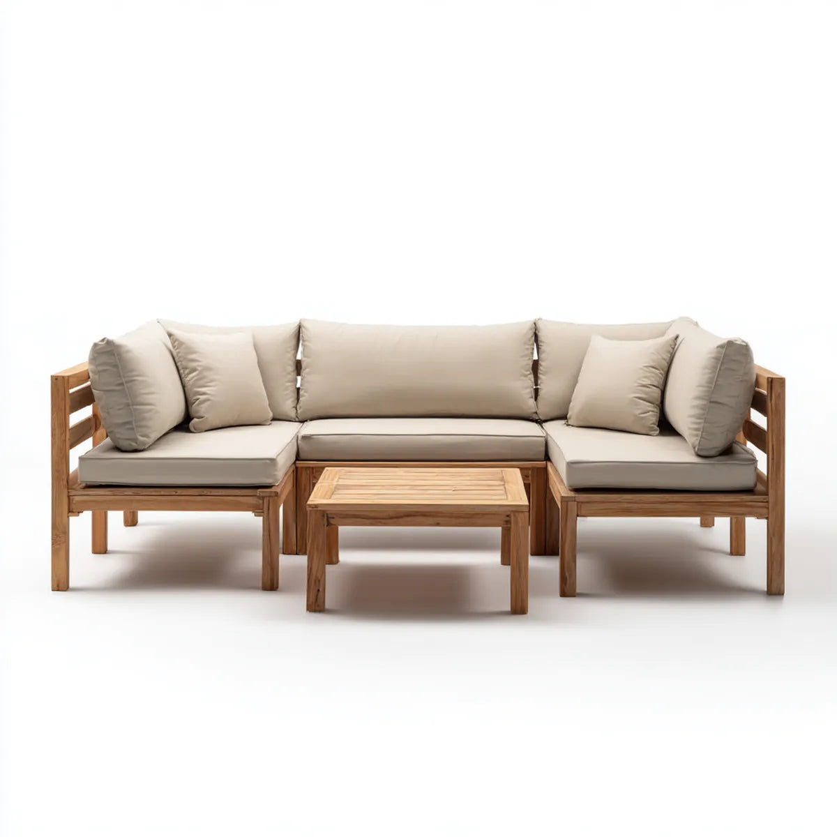 Sofa ogrodowa, Zestaw sofy ogrodowej 3 fotele beżowe w litym drewnie akacjowym prostokątnym 210 x 70 x 65 cm