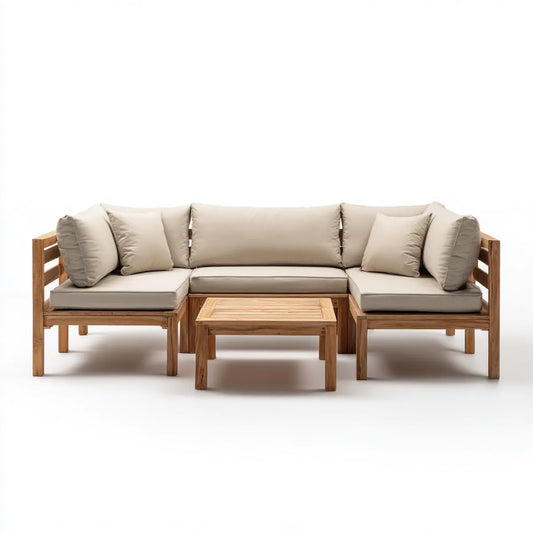 Sofa ogrodowa, Zestaw sofy ogrodowej 3 fotele beżowe w litym drewnie akacjowym prostokątnym 210 x 70 x 65 cm