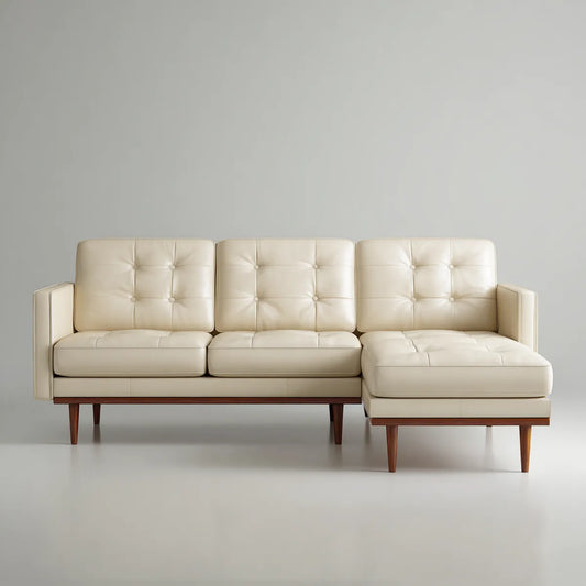 Sofa, Kanapa narożna 3 fotele z krzesełkowym hakiem prawy krem 230 x 150 x 84 cm ze skóry syntetycznej prostokątnej PU