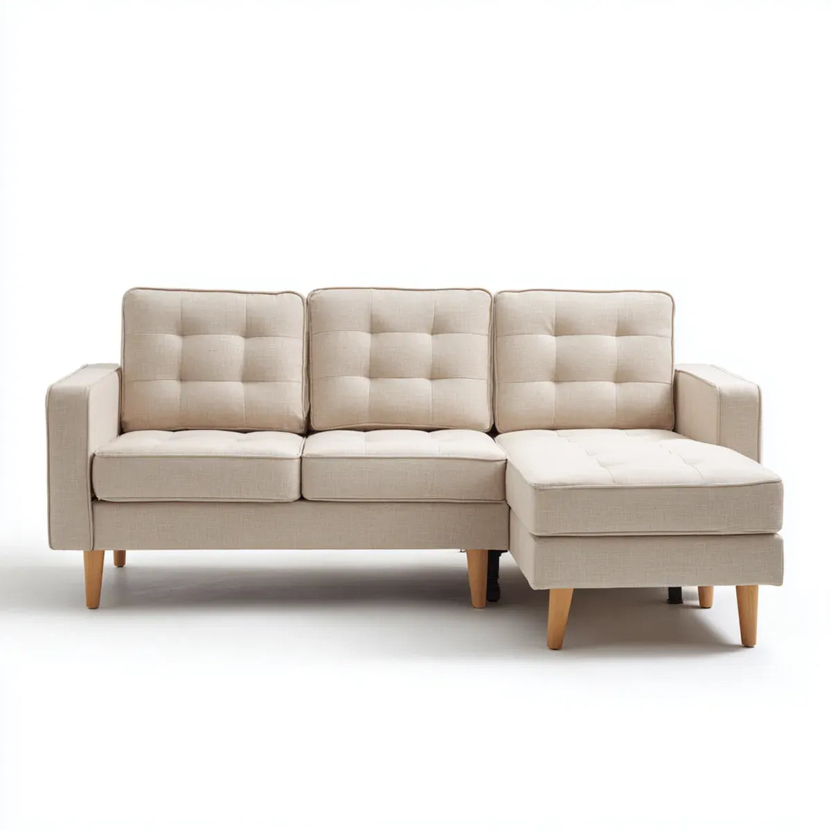 Sofa, Kanapa narożna 3 fotele z krzesełkiem z prawej strony, krem poliestrowy 210 x 145 x 85 cm