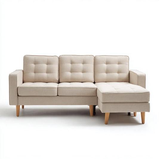 Sofa, Kanapa narożna 3 fotele z krzesełkiem z prawej strony, krem poliestrowy 210 x 145 x 85 cm