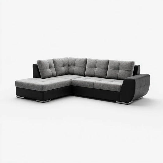 Sofa, Kanapa narożna z krzesełkowym longiem w kolorze szarym i czarnym 260 x 180 x 85 cm w poliestrze i PU L