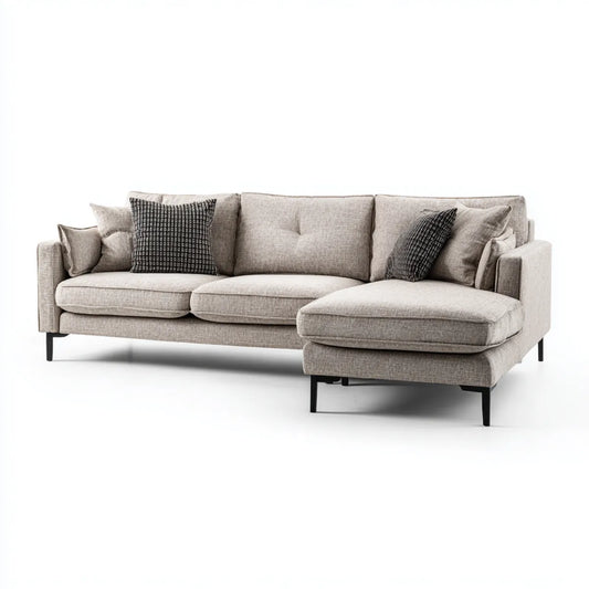 Sofa, Kanapa narożna z szewcem z prawej beżowej 250 x 160 x 85 cm w kształcie poliestru L