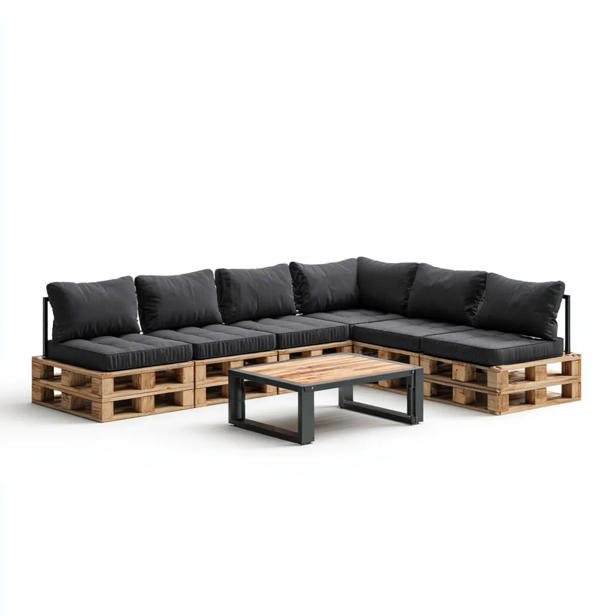 Sofa ogrodowa, Zestaw do palet w kształcie litery L Czarna naturalna 240 x 240 cm drewna sosnowego z poliestrową tapicerką i stolikiem do kawy