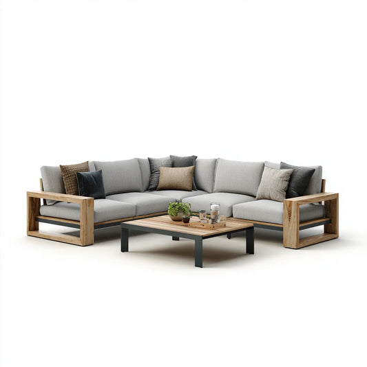 Sofa ogrodowa, Taras Loungesofa Szara z Stołem Kawowym z drewna i stali w kształcie L-Shape 270 x 210 cm