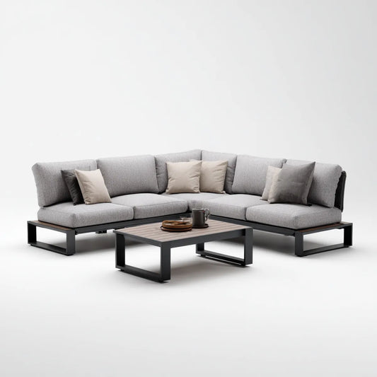 Sofa ogrodowa, Zestaw narożnej sofy ogrodowej z szarym i czarnym stołem w aluminiowym i poliestrowym 270 x 200 x 68 cm