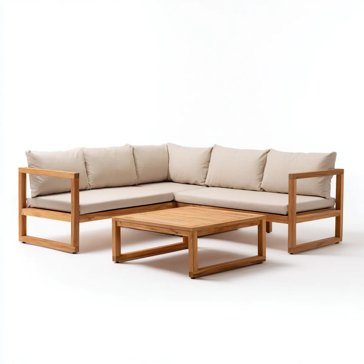 Sofa ogrodowa, Zestaw narożnej sofy ogrodowej z beżowym stołem z litego drewna tekowego 240 x 240 cm