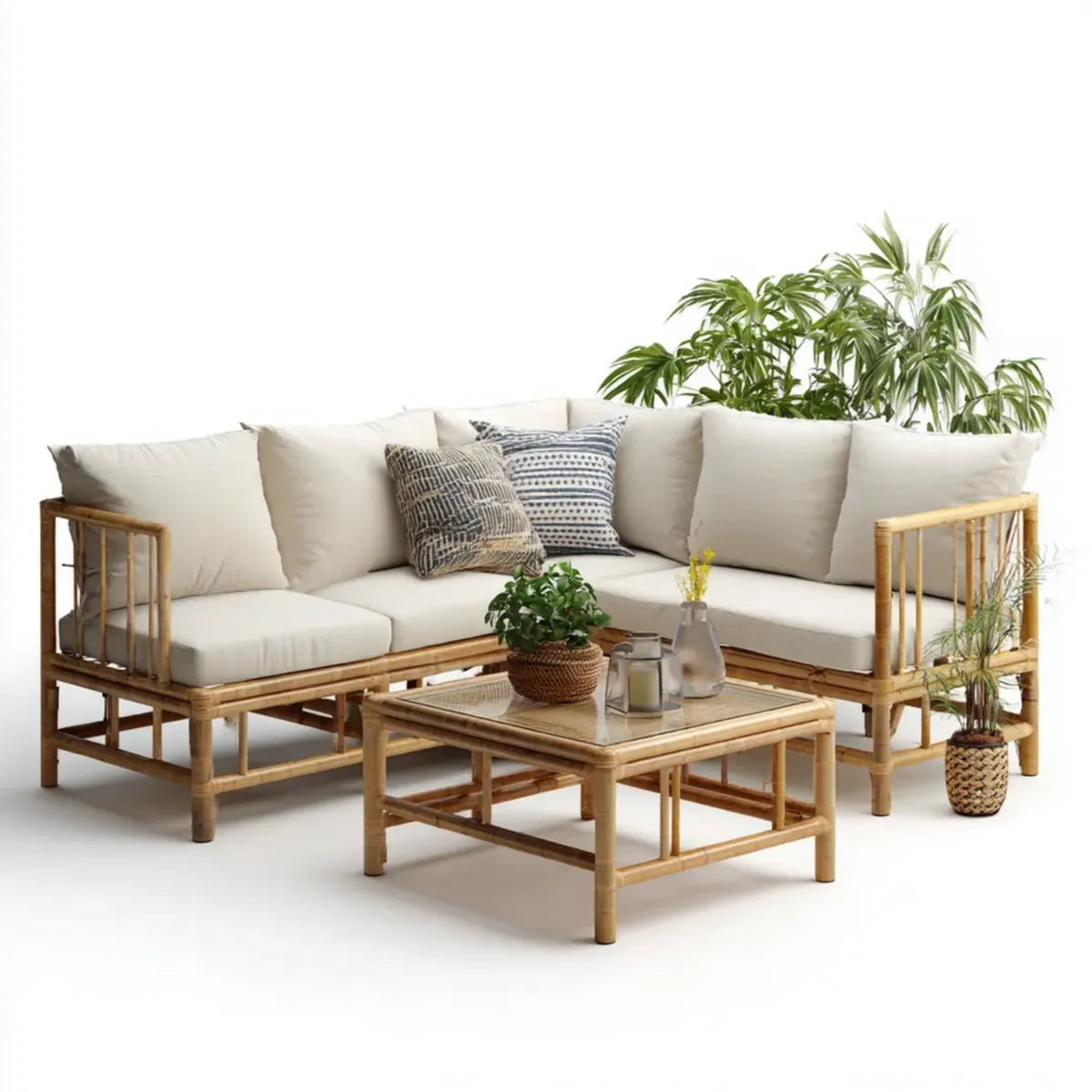 Sofa ogrodowa, Zestaw naturalnych kątowych siedzeń ogrodowych i krem bambusowy z poduszkami poliestrowymi 200 x 200 x 75 cm i prostokątnym stołem 100 x 60 x 45 cm