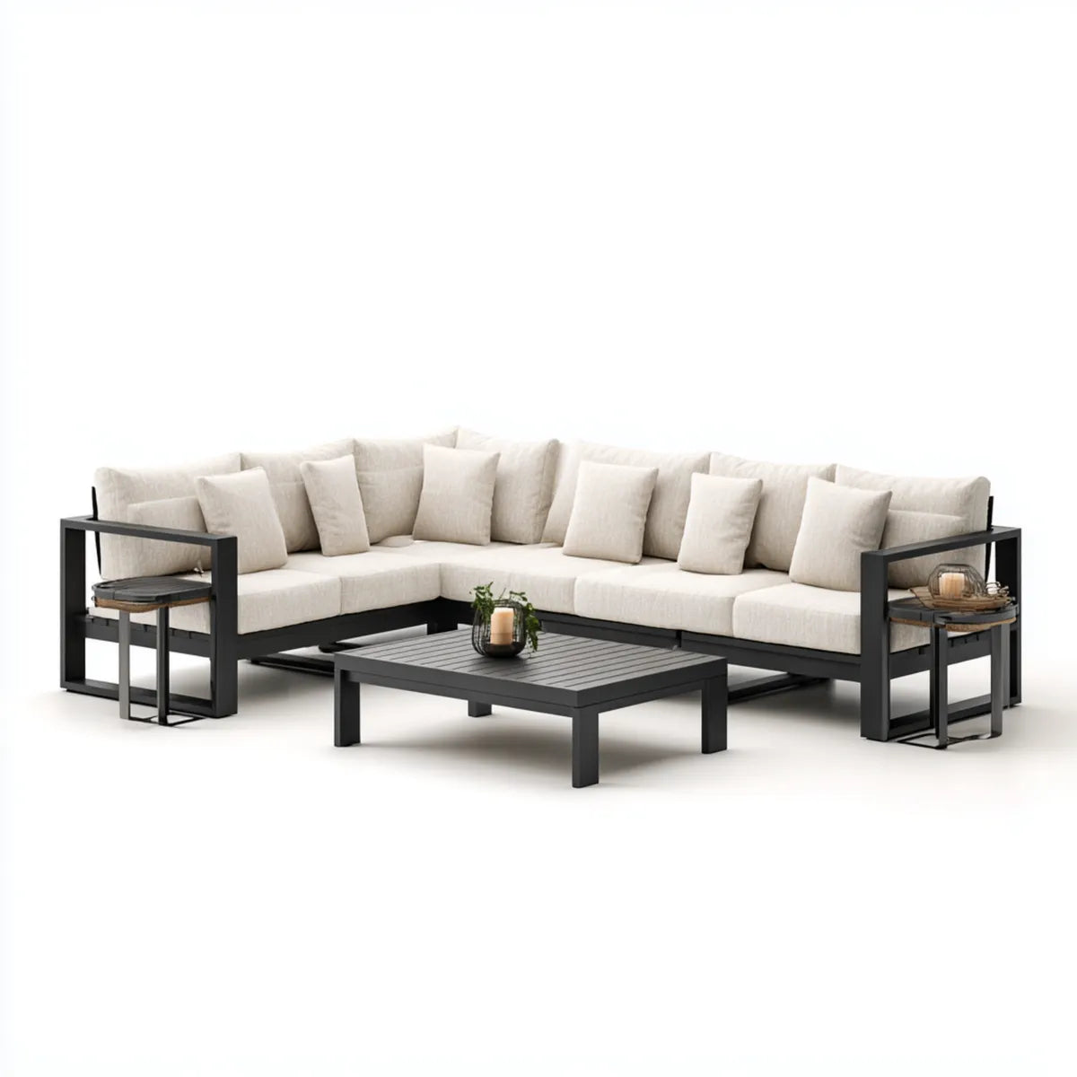 Sofa ogrodowa, Zestaw narożnik ogrodowy sofa 6 sztuk czarny i beżowy w aluminium 300 x 230 cm