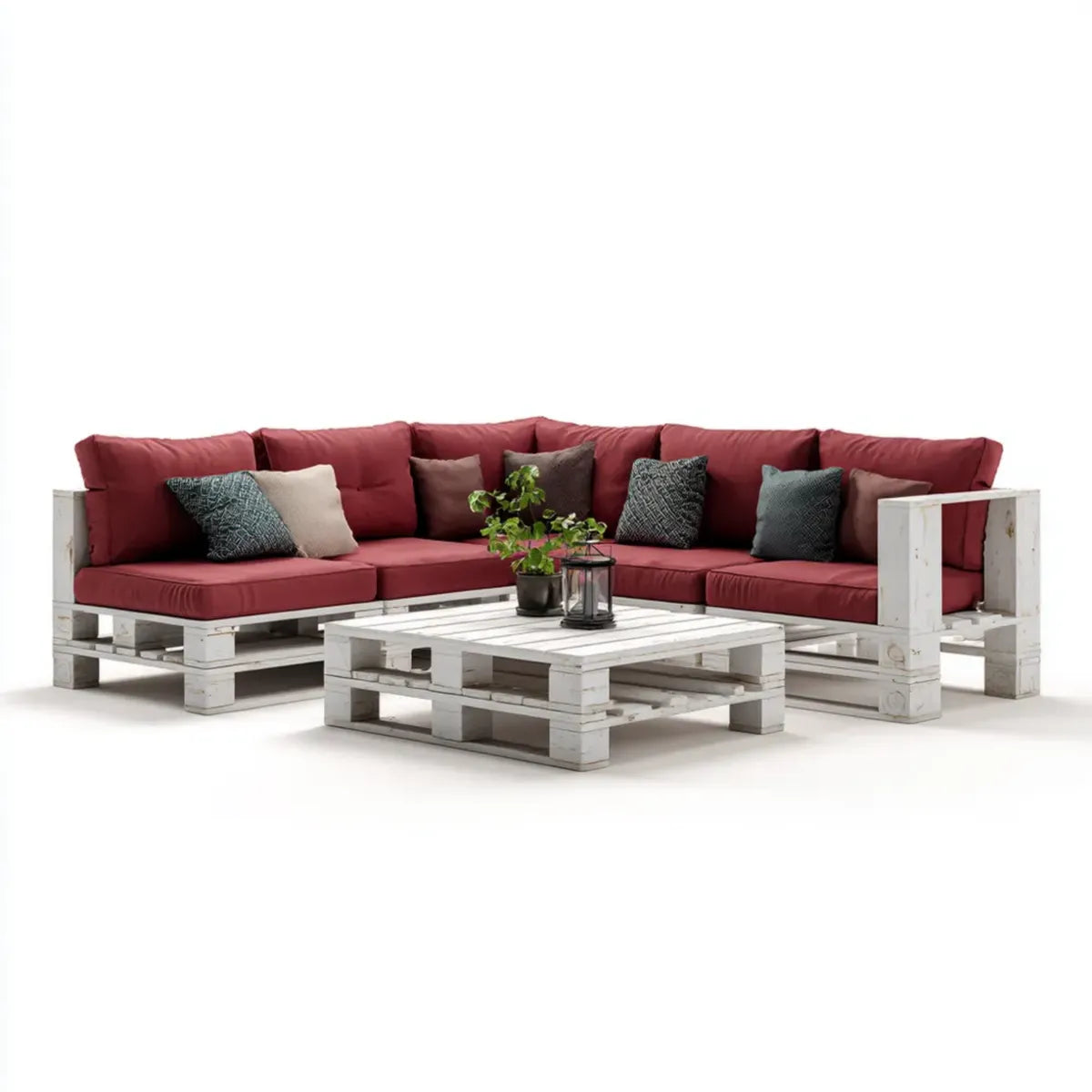 Sofa ogrodowa, Ustaw narożnik ogrodowy z białym i czerwonym stołem w litym drewnie sosnowym 220 x 220 cm