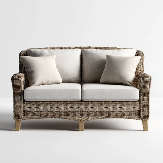 Sofa ogrodowa, Tapczan ogrodowy 2 miejsca beżowe i naturalne brązowe 140 x 75 x 85 cm w rattanie PE z prostokątnymi poduszkami