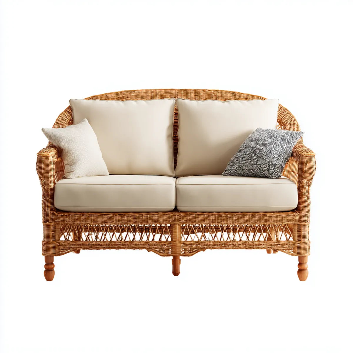 Sofa ogrodowa, Tapczan ogrodowy 2 naturalne siedzenia rattan beżowy z poduszkami 130 x 70 x 85 cm