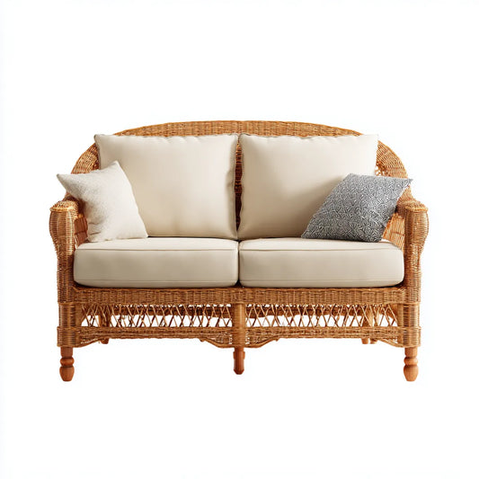 Sofa ogrodowa, Tapczan ogrodowy 2 naturalne siedzenia rattan beżowy z poduszkami 130 x 70 x 85 cm