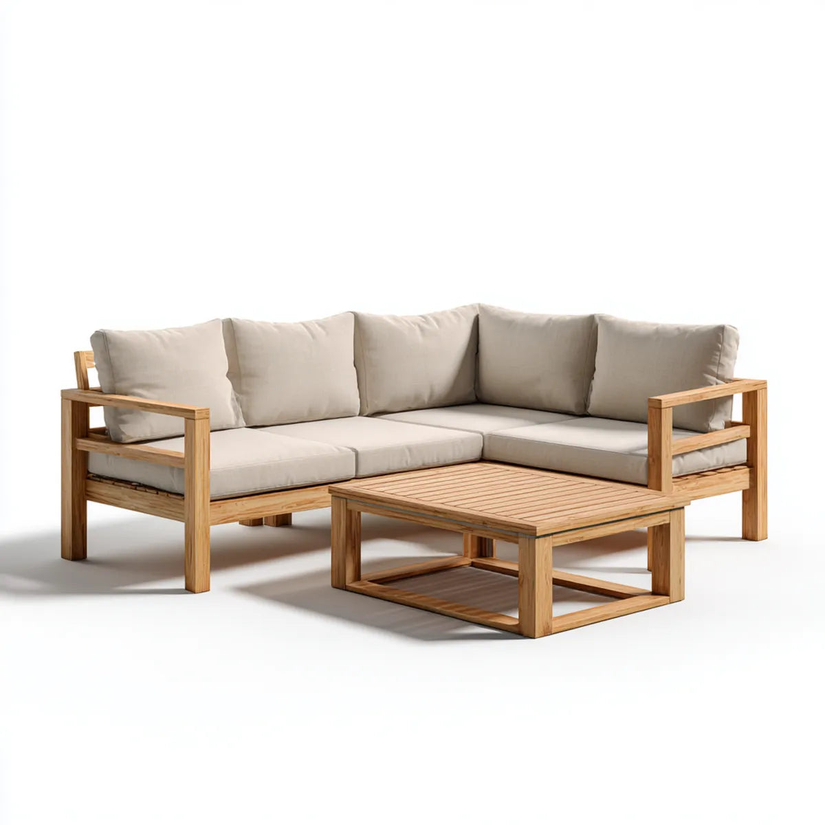 Sofa ogrodowa, Zestaw beżowej, kątowej sofy ogrodowej z litego drewna acacia z stołem 220 x 220 cm