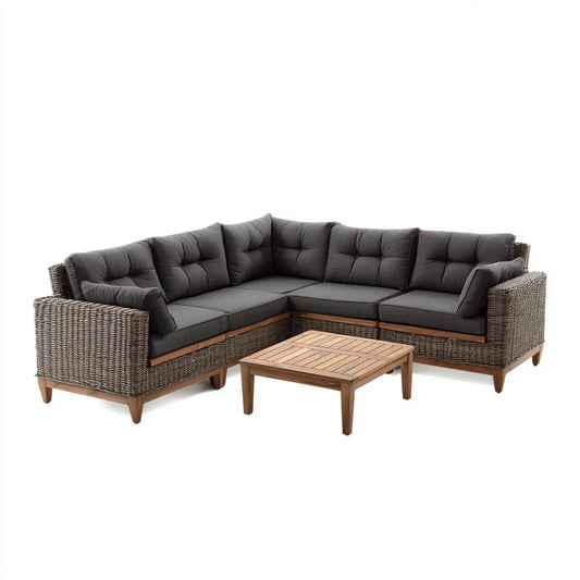 Sofa ogrodowa, Zestaw narożnik ogrodowy sofa z ciemnoszarym i brązowym stołem rattan PE i lite drewno akacjowe 260 x 200 x 85 cm