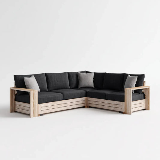 Sofa ogrodowa, narożna sofa ogrodowa 4 czarne i naturalne siedzenia 240 x 240 cm w litym drewnie akacjowym