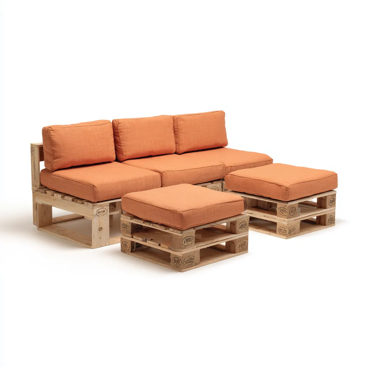 Sofa ogrodowa, Zestaw kanapa ogrodowa 3 fotele z 2 prostokątnymi ottomanami pomarańczowe drewno sosnowe 240 x 80 cm x 80 cm i 80 x 60 x 35 cm, 240 x 80 x 80 cm