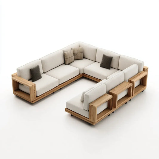 Sofa ogrodowa, Zestaw kątowych sof ogrodowych w beżowym U 7 miejscach w litej akacji i poliestru 360 x 250 x 78 cm