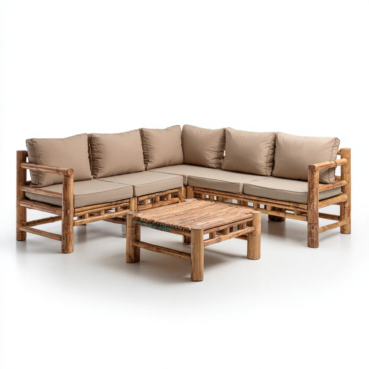 Sofa ogrodowa, Kącik ogrodowy 5 miejsc z beżowym bambusowym stołem 220 x 220 cm