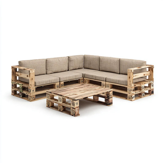 Sofa ogrodowa, Zestaw narożnej sofy ogrodowej z beżowym stołem z litego drewna sosnowego 280 x 200 cm