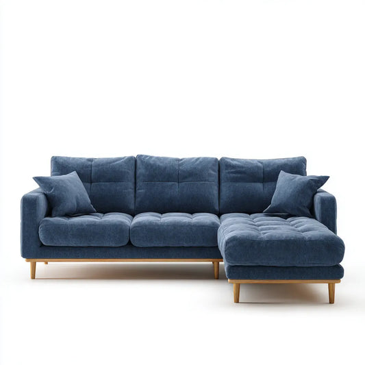 Sofa, Kanapa narożna 3 miejsca z prawym niebieskim poliestrowym aksamitem półwysep 260 x 160 x 85 cm