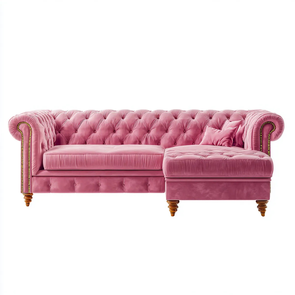 Sofa, Chesterfield różowy 3 fotel poliestrowy aksamitny narożnik sofa z prawym krzesełkiem longue 275 x 90 x 75 cm
