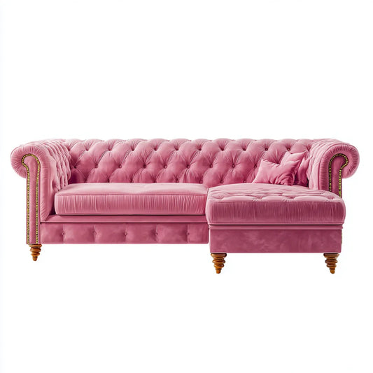 Sofa, Chesterfield różowy 3 fotel poliestrowy aksamitny narożnik sofa z prawym krzesełkiem longue 275 x 90 x 75 cm